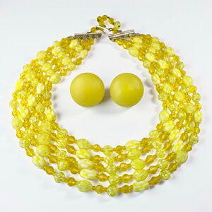 Vintage W. Germany 5 Strand Sunny Yellow White Beaded Necklace & Button Earrings